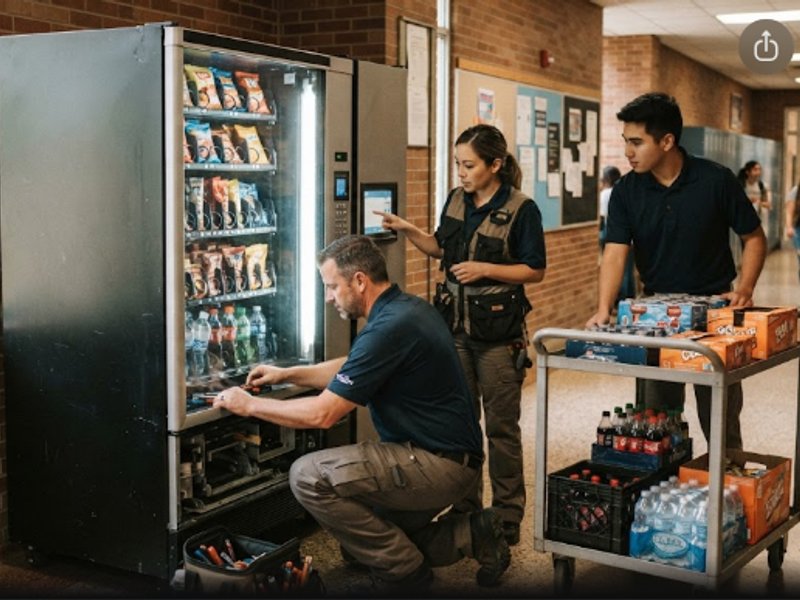 Команда специалистов Allegheny Distributing обслуживает торговые автоматы на территории современного университетского кампуса